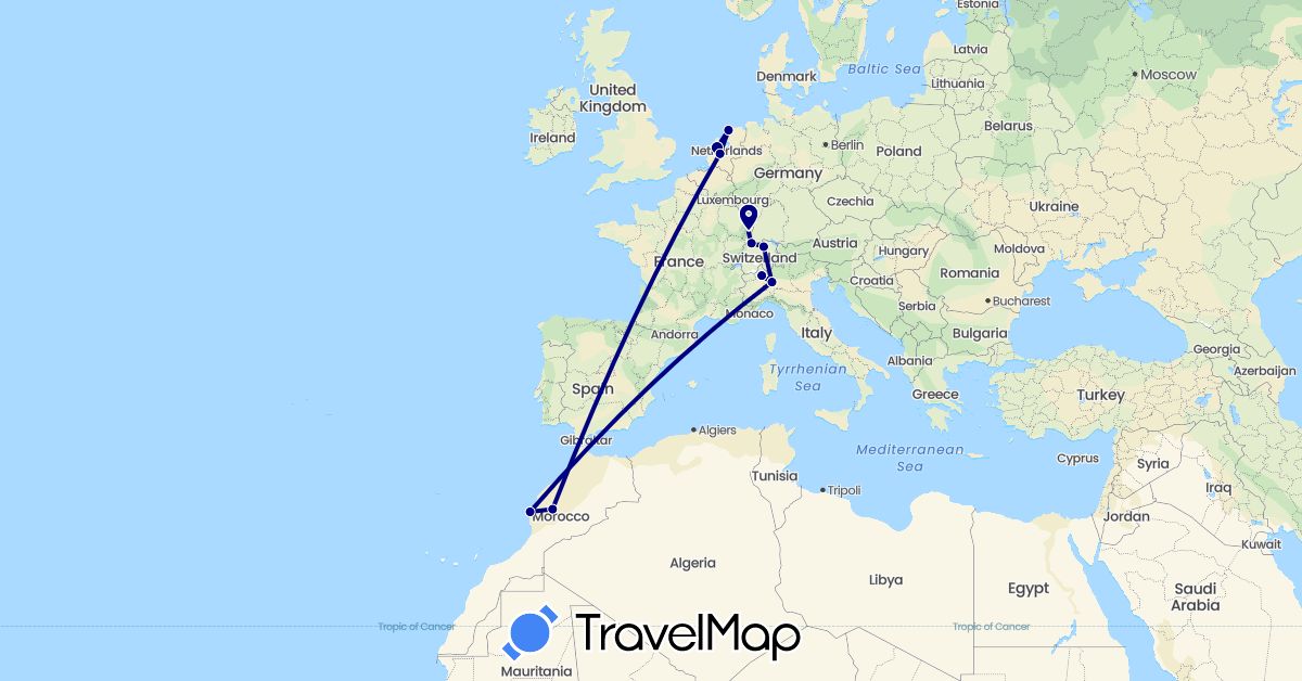 TravelMap itinerary: driving in Switzerland, France, Italy, Morocco, Netherlands (Africa, Europe)